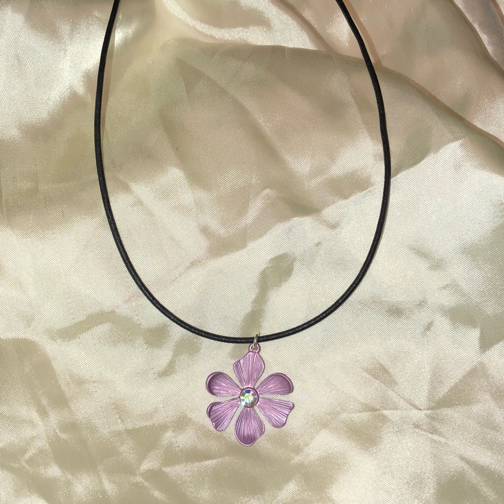 Purple Crystal Flower Pendant Leather Necklace